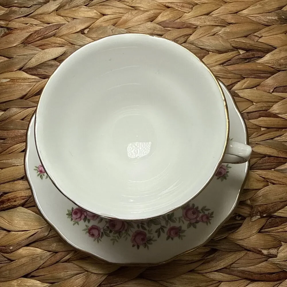 Royal Vale Bone China Teacup Saucer Pink Roses Gold England Floral Vintage